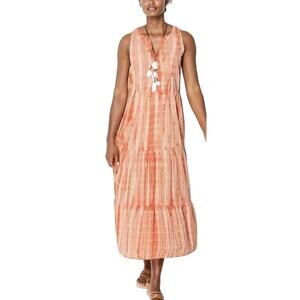 J.Jill Womens Large Petite Orange Cotton Tiered Tye Dye Midi Dress Summer Comfy